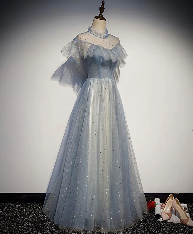 Light Blue Tulle Lace Long Prom Dress, Tulle Evening Dress