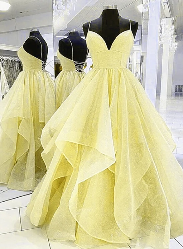 Light Yellow Tulle Straps Long Prom Gown, Lace-Up Tulle Evening Dresses