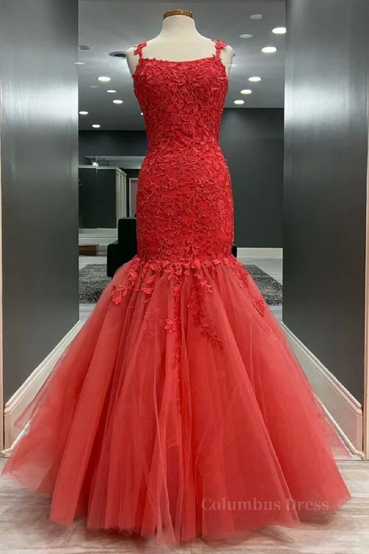 Mermaid Red Tulle Lace Long Corset Prom Dresses, Mermaid Red Corset Formal Dresses, Red Lace Evening Dresses outfit