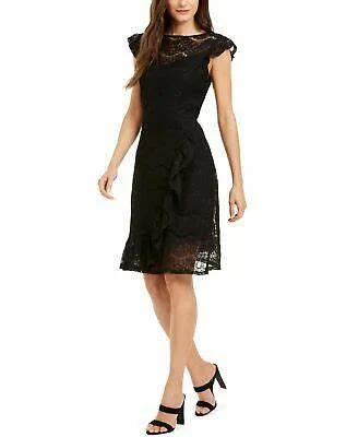 Monteau Women's Ruffled Lace Dress Black Size PM