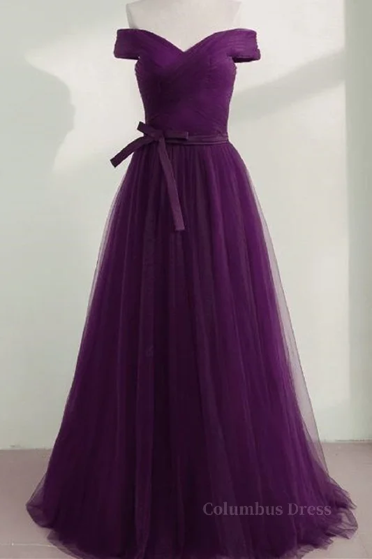 Off Shoulder Purple Tulle Long Corset Prom Dresses, Off the Shoulder Purple Corset Formal Dresses, Purple Evening Dresses outfit