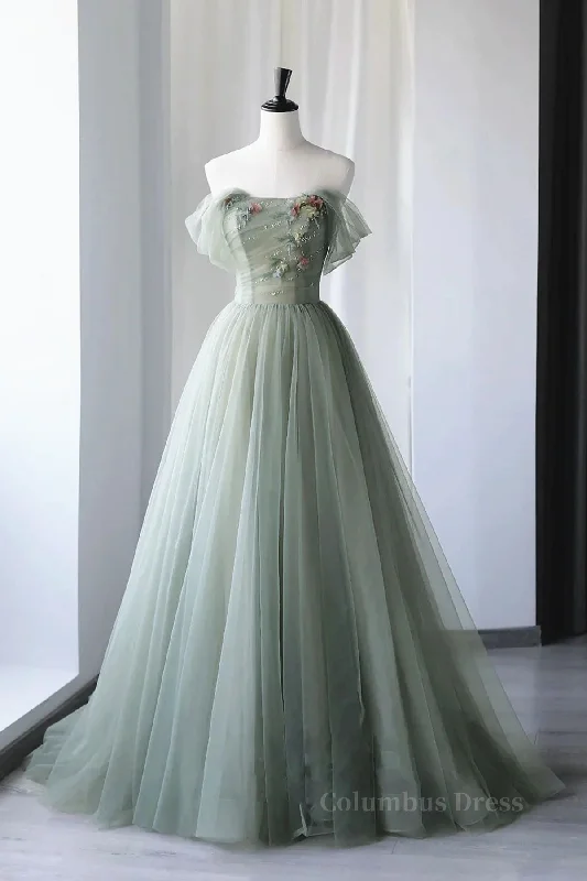 Off the Shoulder Green Tulle Long Corset Prom Dresses, Green Tulle Off Shoulder Corset Formal Evening Dresses outfit