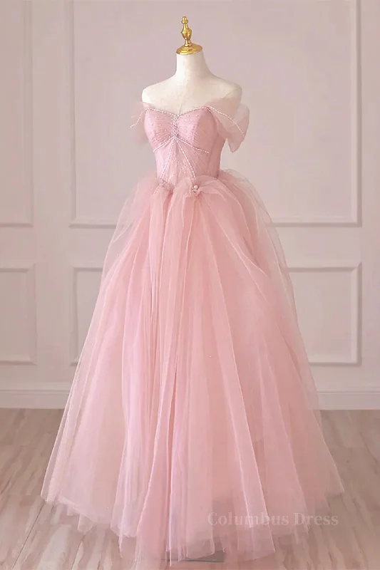 Off the Shoulder Pink Tulle Corset Prom Dresses, Pink Tulle Long Corset Formal Graduation Dresses outfit