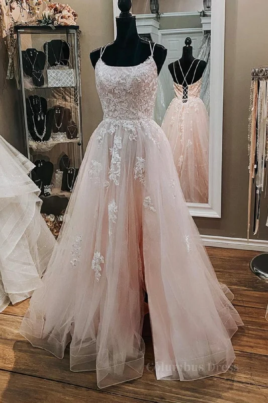 Pink Lace Appliques A Line Open Back Tulle Long Corset Prom Dresses, Pink Lace Corset Formal Graduation Evening Dresses outfit