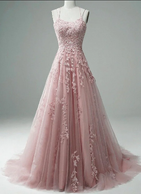 Pink Scoop Tulle Straps With Lace Long Prom Dress, Pink A-Line Formal Dress