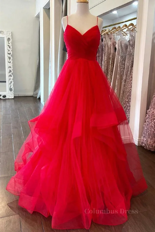 Puffy Red Tulle V Neck Long Corset Prom Dresses, V Neck Red Corset Formal Dresses, Red Evening Dresses outfit