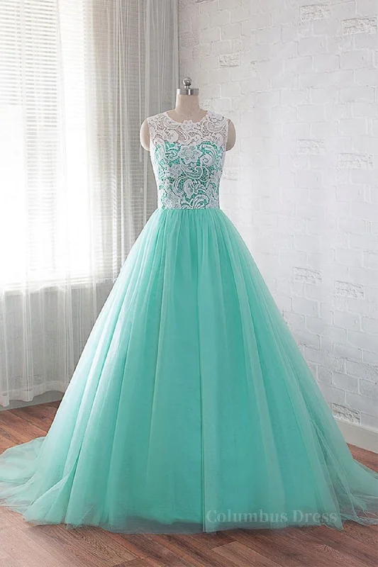 Round Neck Green Lace Tulle Long Corset Prom Dresses, Green Lace Corset Formal Dresses, Green Evening Dresses outfit