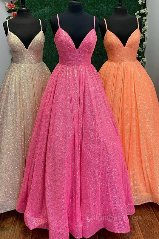 Shiny Tulle V Neck Backless Hot Pink/Orange/Champagne Long Corset Prom Dresses, Backless Hot Pink/Orange/Champagne Corset Formal Graduation Evening Dresses outfit