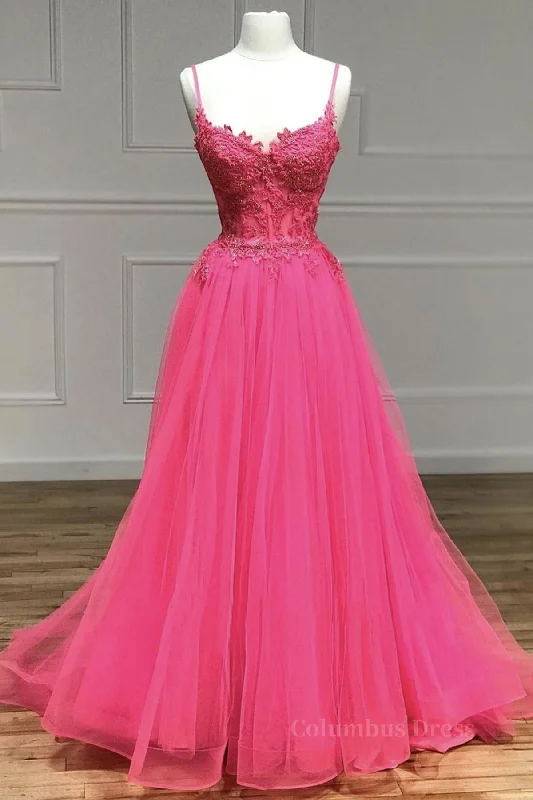 V Neck Beaded Hot Pink Lace Tulle Long Corset Prom Dresses, Hot Pink Lace Corset Formal Dresses, Hot Pink Evening Dresses outfit