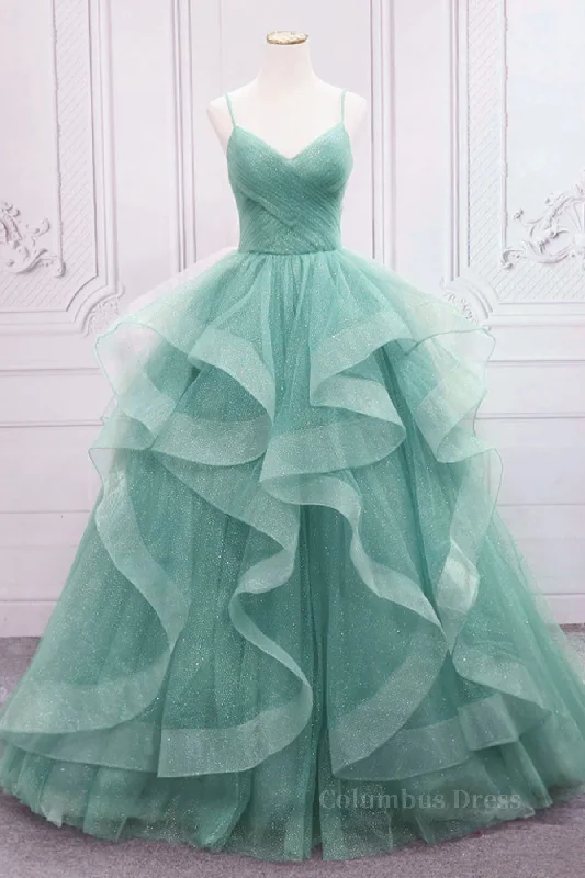 V Neck Open Back Fluffy Green Tulle Long Corset Prom Dresses, Green Corset Formal Evening Dresses, Corset Ball Gown outfits