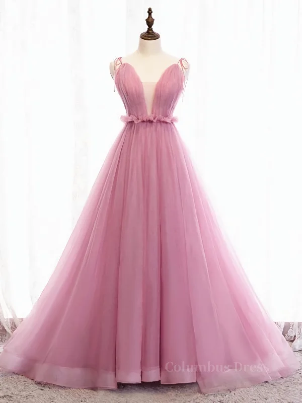 V Neck Pink Tulle Corset Prom Dresses with Train, Pink Long Corset Formal Evening Graduation Dresses outfit