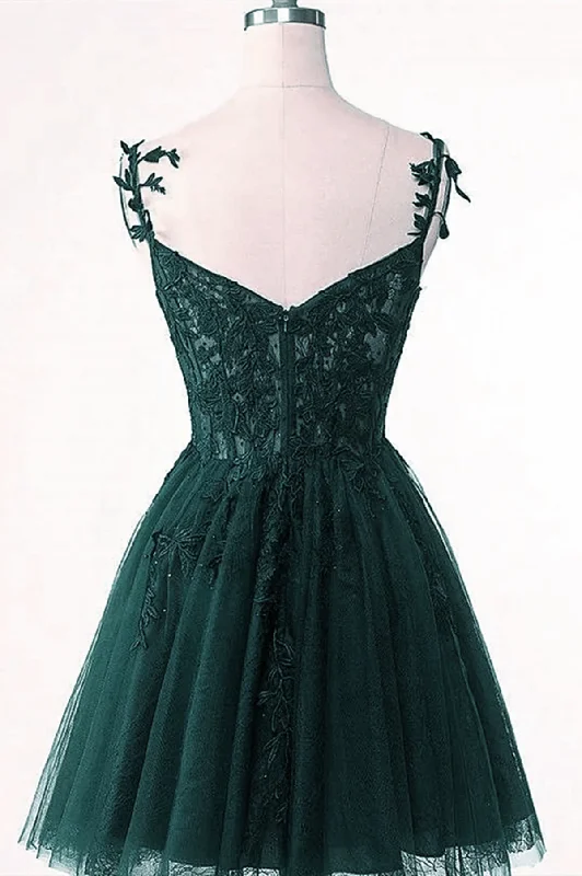 V-Neckline Dark Green Tulle With Lace Short Homecoming Dress, Green Short Prom Dress