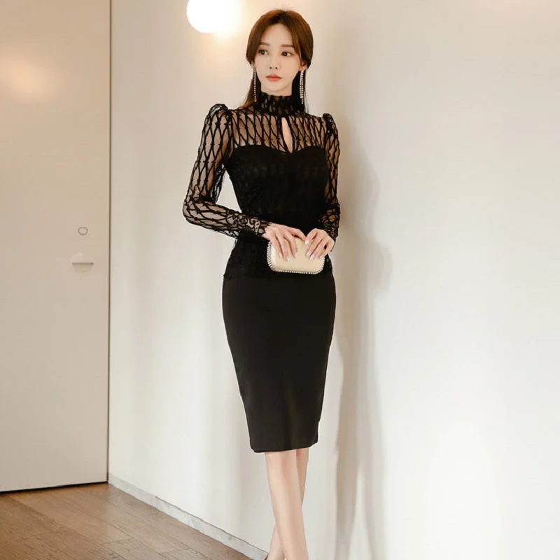 Women's Summer High-Waist Lace Patchwork Sheath Dress