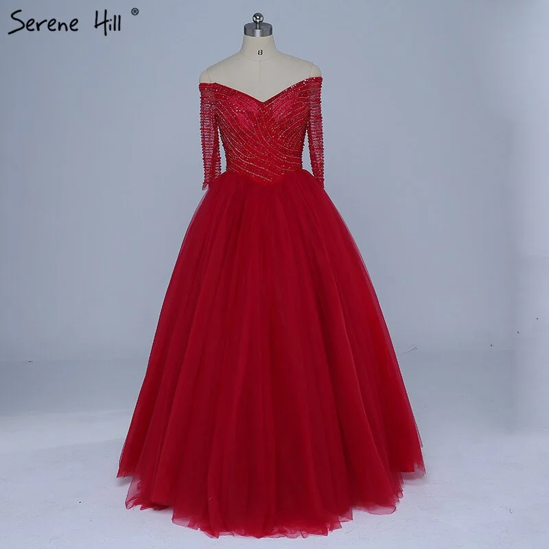 On Sale No Return No Refund Boat Neck Beading Sequined Tulle Evening Dresses Wine Red Sexy Bridal Evening Gown Robe De Soiree 2024 Real Photo LA6393