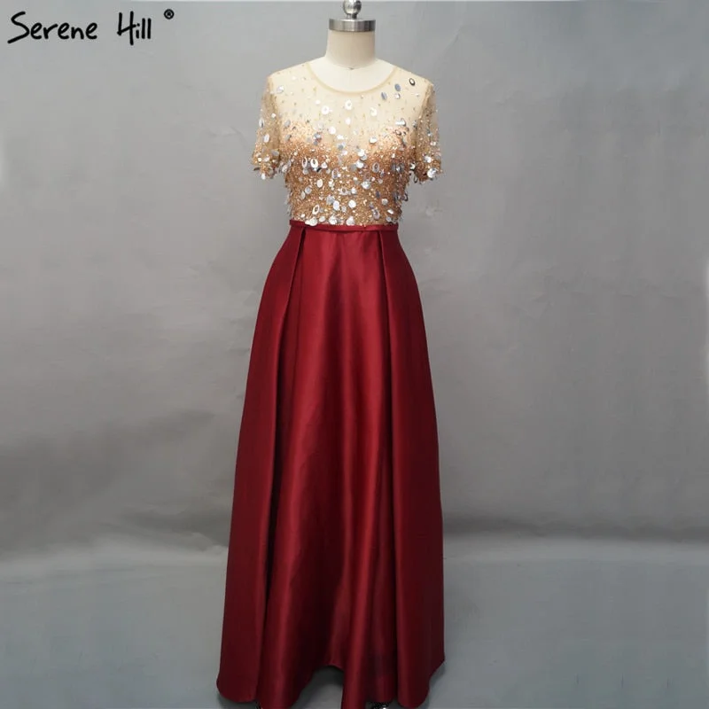 On Sale No Return No Refund Dubai Wine Red Short Sleeves Evening Dresses Design 2024 Satin Sequined Beading Beach Evening Gowns Serene Hill LA60740