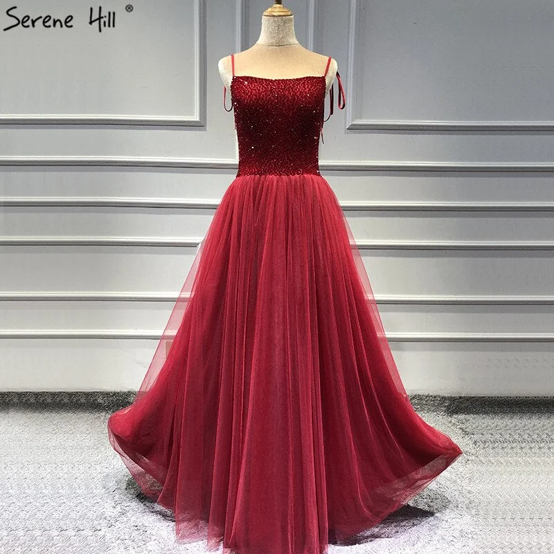 On Sale no return no refundSale Red Strapless Sexy A-Line Evening Dresses Latest Design Sleeveless Sequined Beading Formal Dress Real Photo LA70004