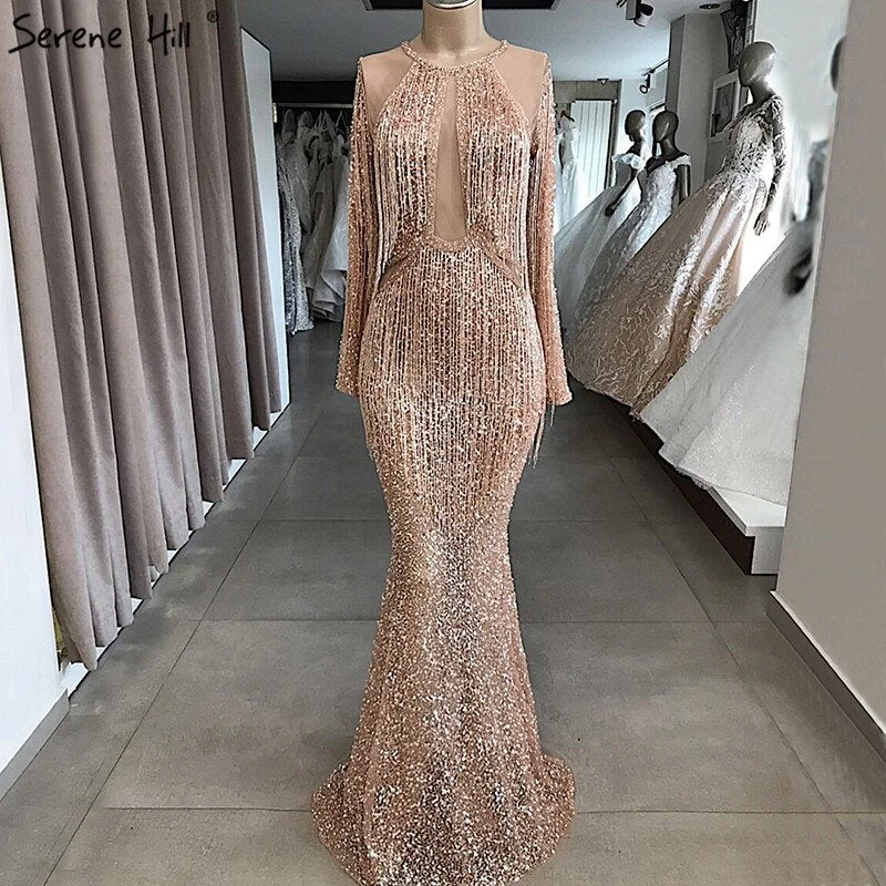 On Sale no return no refundSale Rose Gold Mermaid Long Sleeve Evening Dresses 2024 Sequined Beading Tassel Luxury Formal Dress Serene Hill LA70037