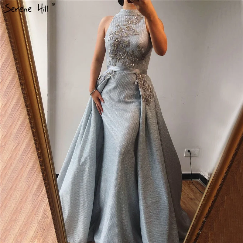 Sale Silver Dubai Sleeveless Sexy Evening Dresses 2024 Beading Sequined Mermaid Evening Gowns Design Real Photo LA70215