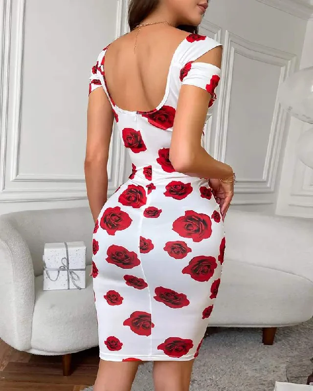 COLORBLOCK FLORAL PRINT COLD SHOULDER BODYCON DRESS