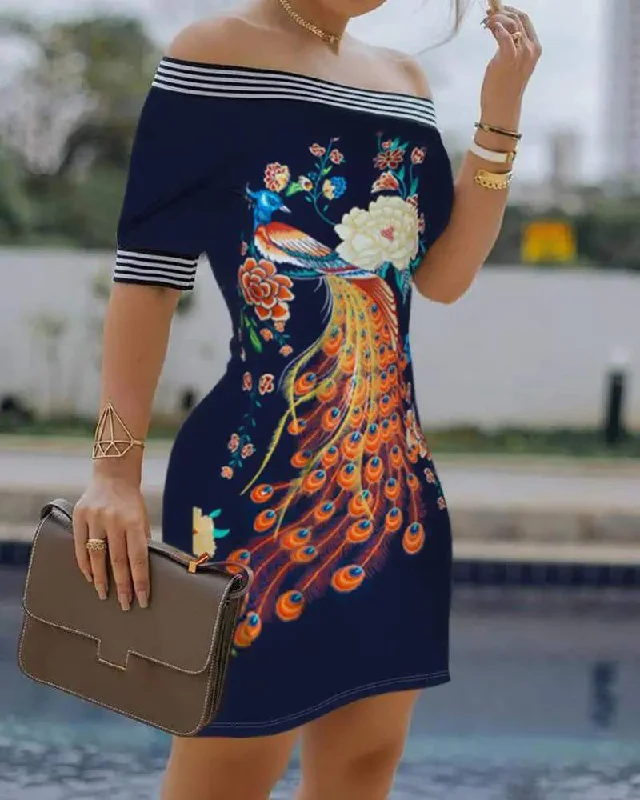 FLORAL PEACOCK PRINT STRIPED TAPE BODYCON DRESS