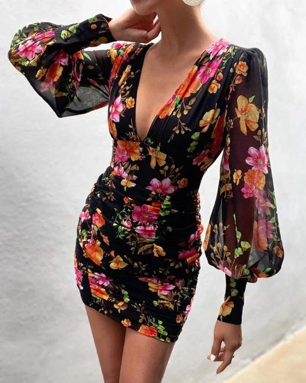 Floral Print Lantern Sleeve Ruched Bodycon Dress