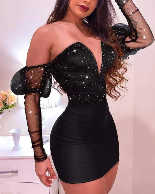 Glitter VCut Contrast Mesh Gigot Sleeve Bodycon Dress