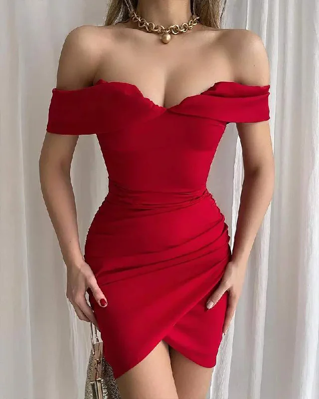 OFF SHOULDER RUCHED BODYCON DRESS