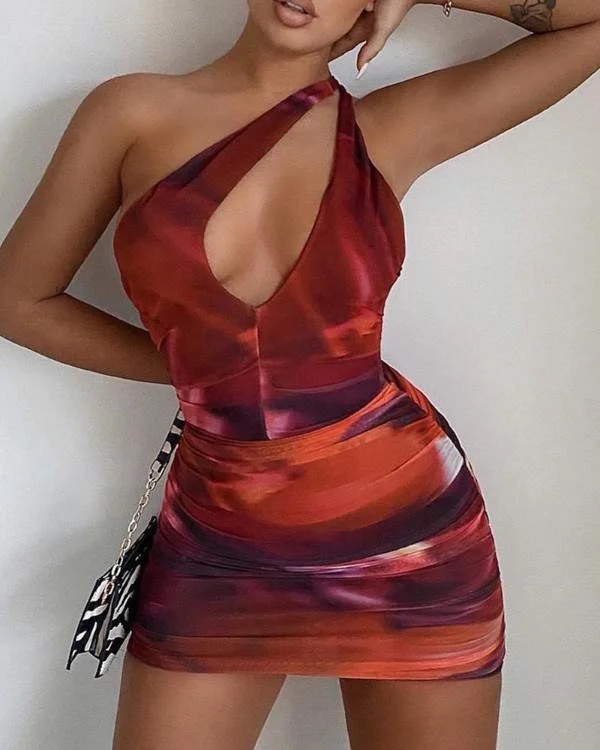 Tie Dye Print Backless Ruched Bodycon Dress