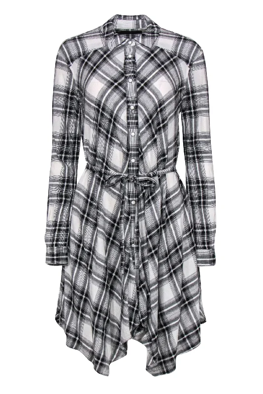 All Saints - Black & White Plaid Button-Up Belted Shirt Dress Sz S