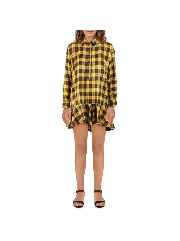 AQUA Womens Yellow Long Sleeve Collared Short Shirt Dress