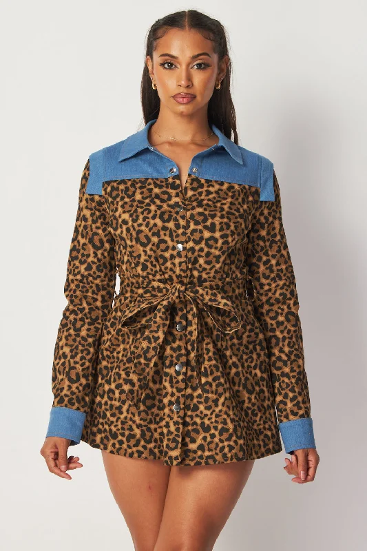 Bella Denim Mix Leopard Print Tied Shirt Dress