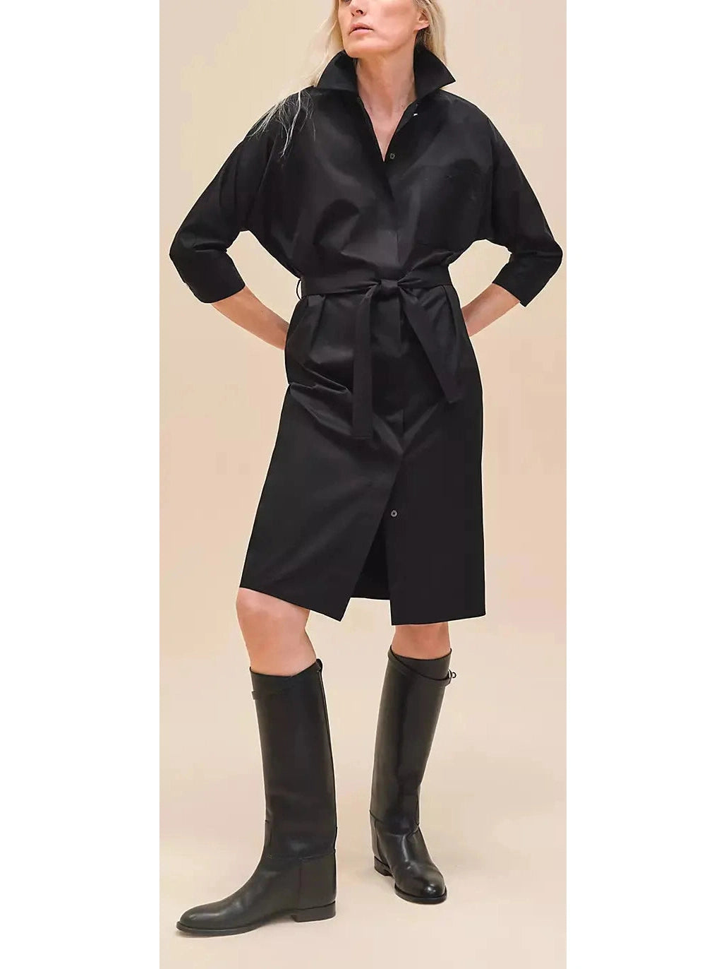 Belted Shirt Dress in Cotton Twill, Black