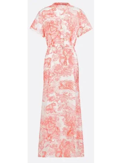 Belted Toile de Jouy Sauvage Motif Shirt Dress in White and Coral