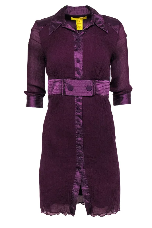 Catherine Malandrino - Plum Micro-Pleated Silk Belted Shirt Dress Sz 0