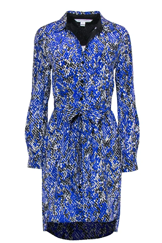 Diane von Furstenberg - Blue, Black & White Snakeskin Print Silk Shirtdress Sz 6