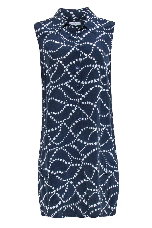 Equipment - Navy & White Star Print Sleeveless Button-Up Silk Shirt Dress Sz L