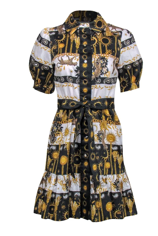 Hayley Menzies - White, Black & Gold Printed Button-Up Puff Sleeve Shirtdress Sz S