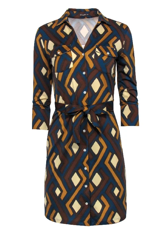 J. McLaughlin - Dark Blue, Brown & Tan Printed Button-Up Belted Shirt Dress Sz XS