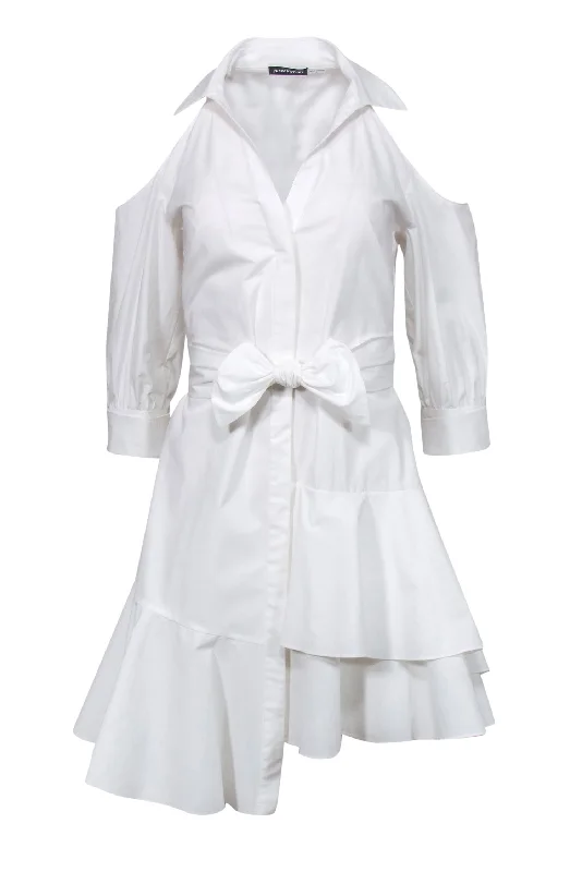 Josie Natori - White Tied Cold Shoulder Shirtdress w/ Asymmetrical Flounce Sz 4