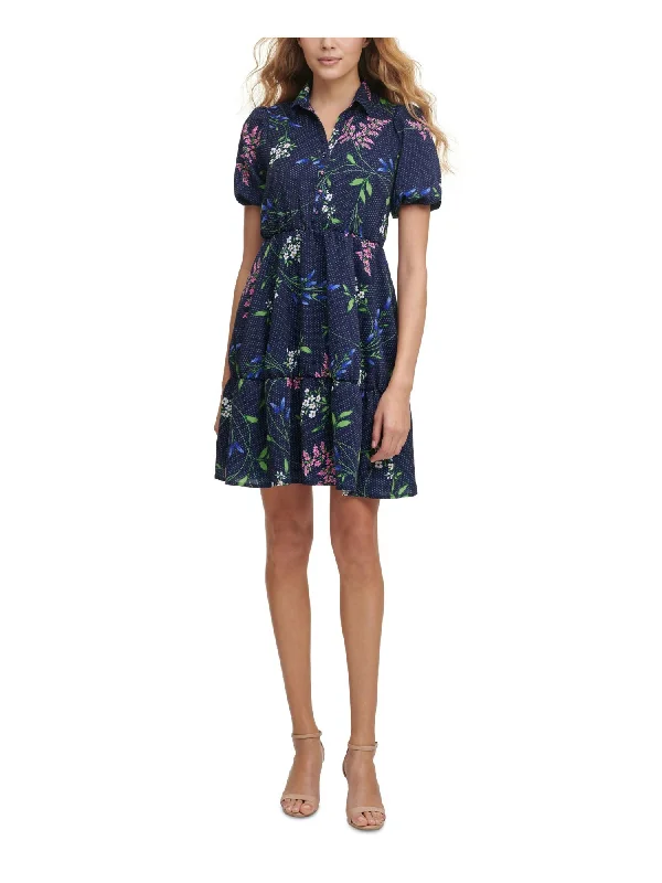 KENSIE DRESSES Womens Pocketed Floral Pouf Sleeve Point Collar Short Wear To Work Shirt Dress