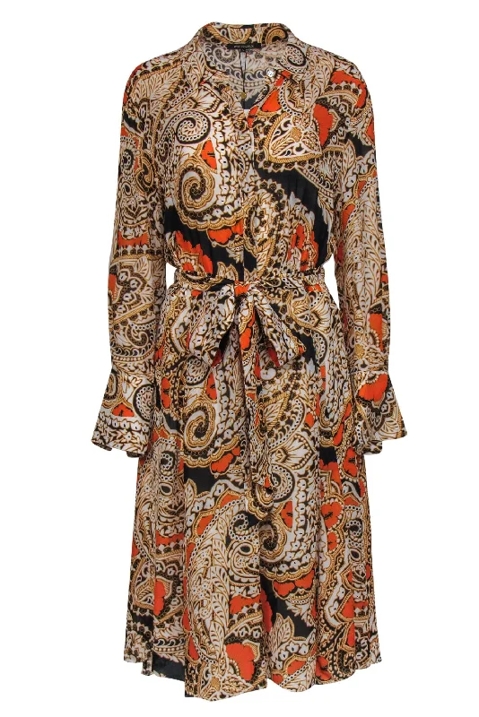 Kobi Halperin - Orange & Black Print Belted Shirtdress Sz L