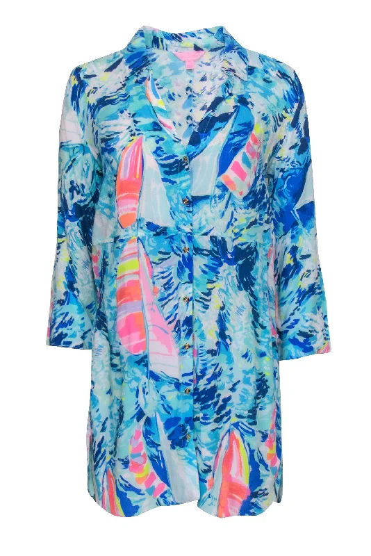 Lilly Pulitzer - Blue & Pink Sailboat Printed Shirt Dress Sz XS