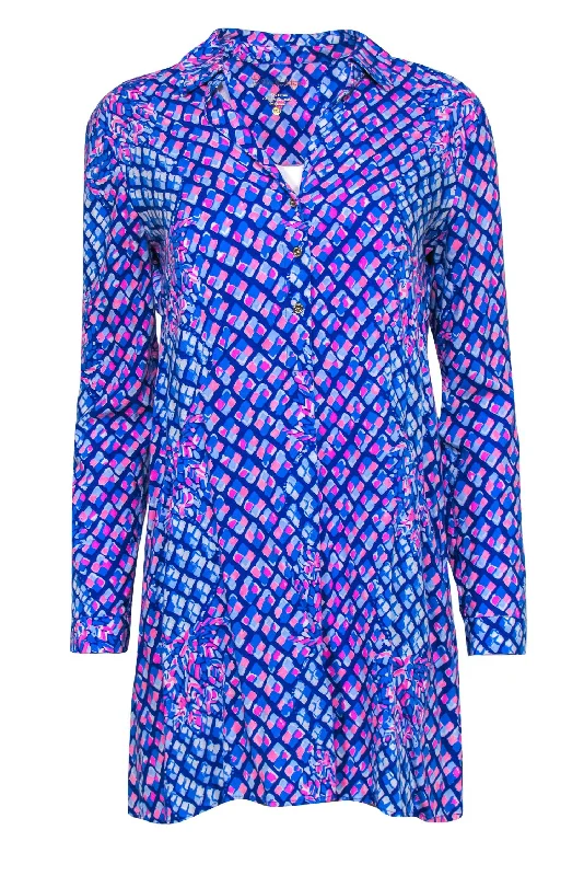 Lilly Pulitzer - Blue & Pink Pineapple Print Collared Shirtdress w/ Pockets Sz XXS