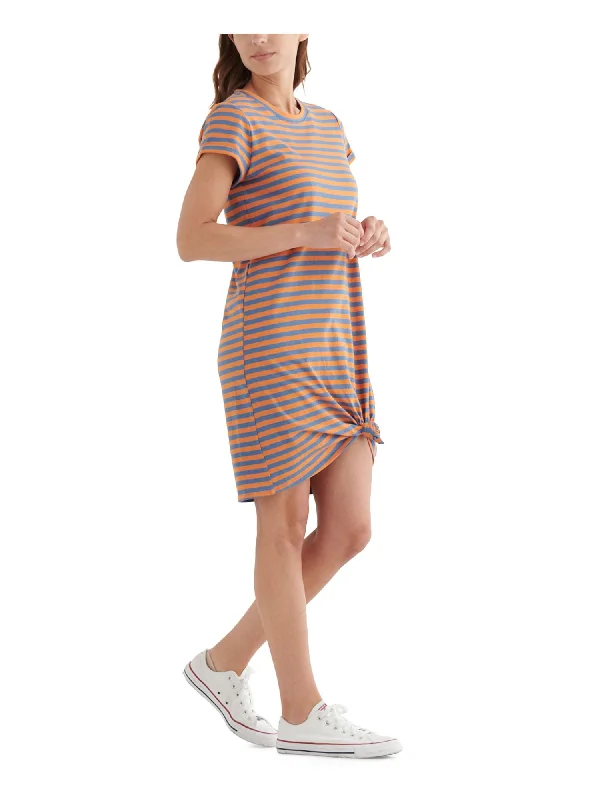 LUCKY BRAND Womens Orange Striped Short Sleeve Crew Neck Above The Knee T-Shirt Dress