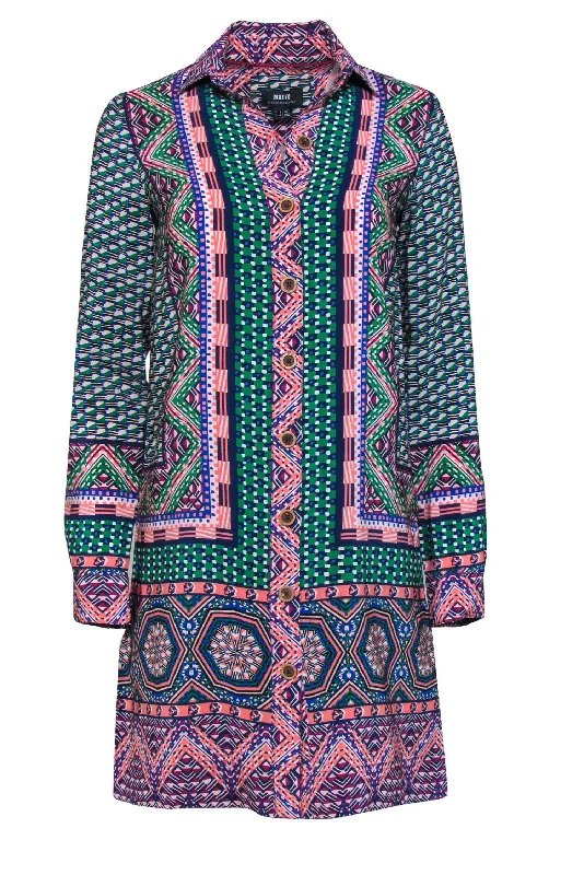 Maeve - Green & Multicolor Print Button-Up Silk Shirtdress Sz 0