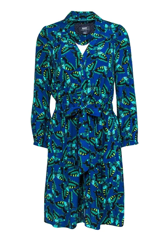 Maeve - Blue & Green Butterfly Printed Shirtdress Sz S