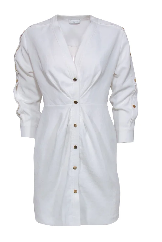 Sandro - White Textured Ruched Shirtdress w/ Golden Buttons Sz 4