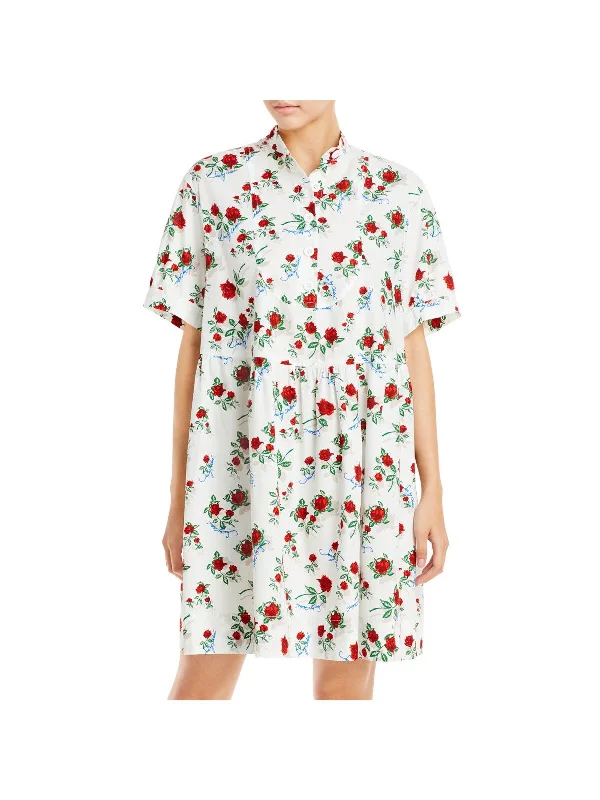 SEE BY CHLOE Womens Pleated Floral Short Sleeve Crew Neck Above The Knee Shirt Dress