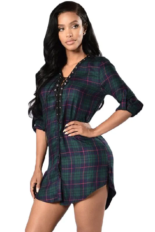 Green Navy Lace-up Front Plaid Shirt Dress