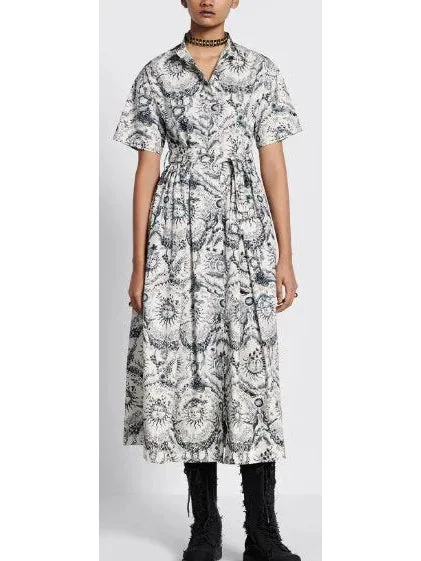 Toile de Jouy Soleil Motif Mid-Length Shirt Dress